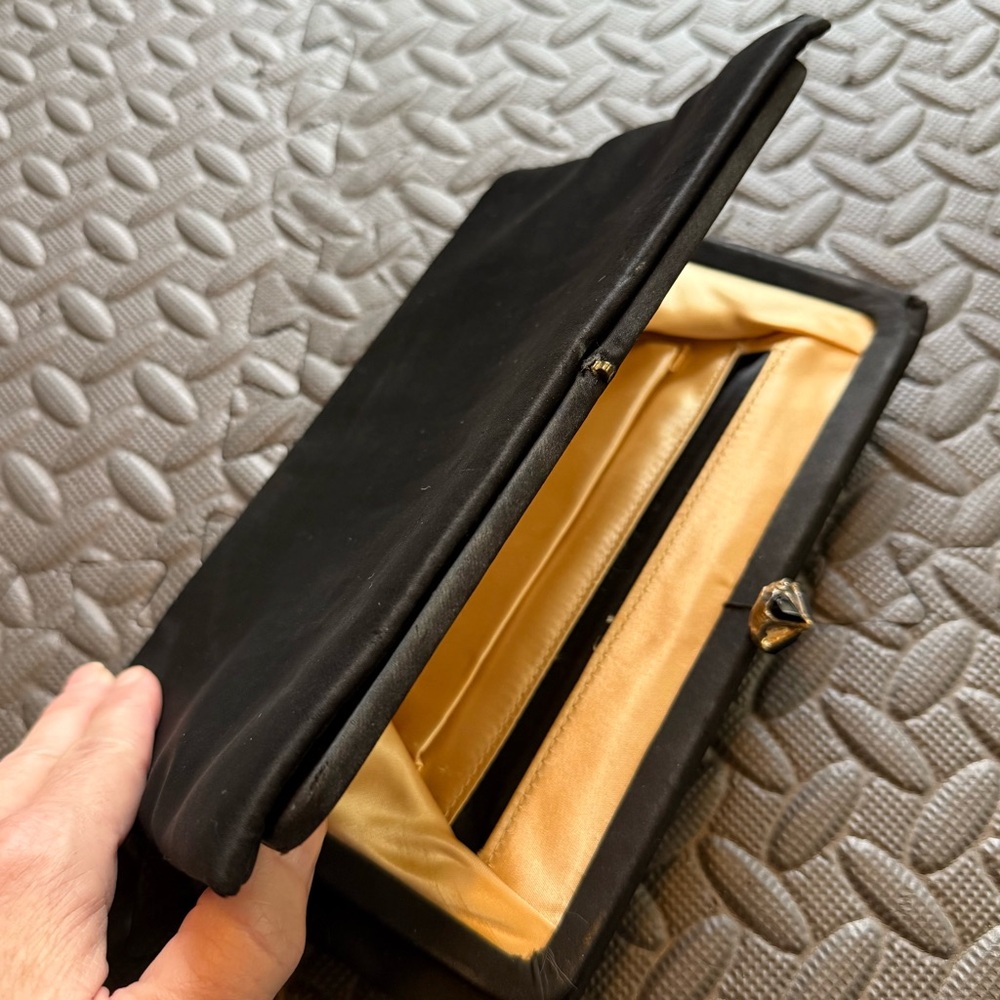 Vintage Garay Black Satin Clutch with Gold Interior